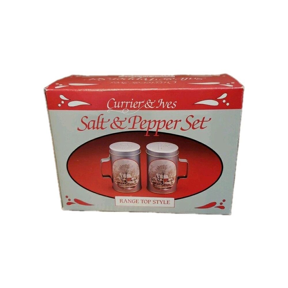 Currier & Ives Salt & Pepper Set Range Top Style Christmas in the Country NOS